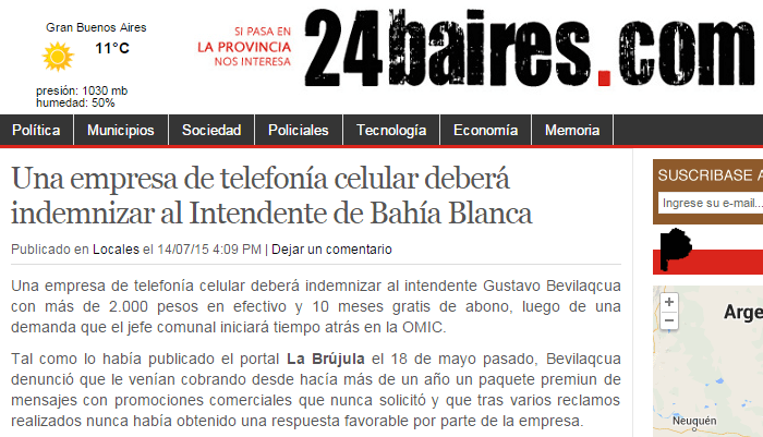 Una empresa de telefonía celular deberá indemnizar al Intendente de Bahía Blanca