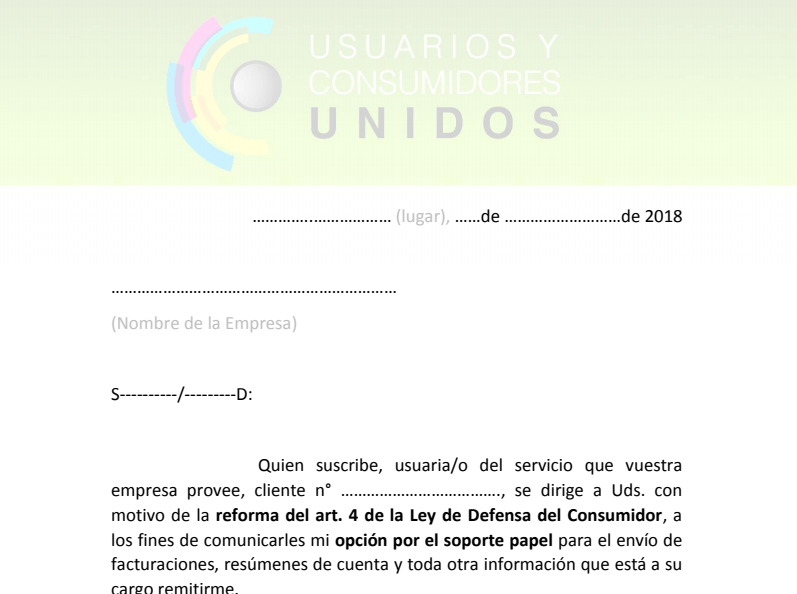 Modelo de nota para solicitar facturas o resumenes en papel