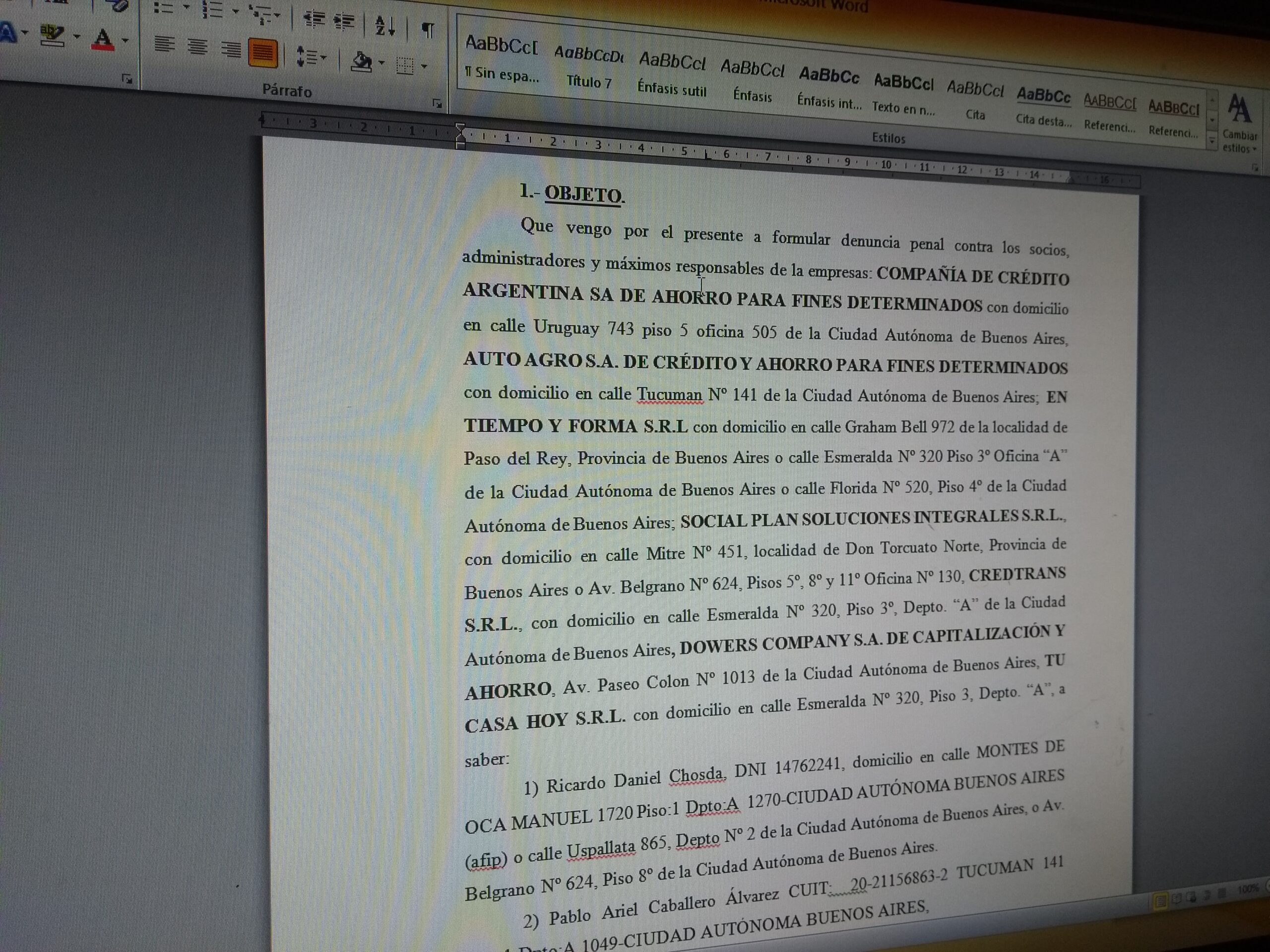 Modelo denuncia penal para presentar contra Compañía de Crédito Argentina y empresas del grupo